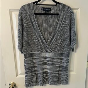 Gray Striped Knit Wrap Top with Metallic Threads